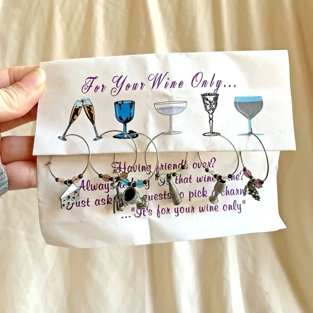 Vintage Pewter Glass Charms Cocktail Wine Set of 6 Holiday Beaded Rings Cute